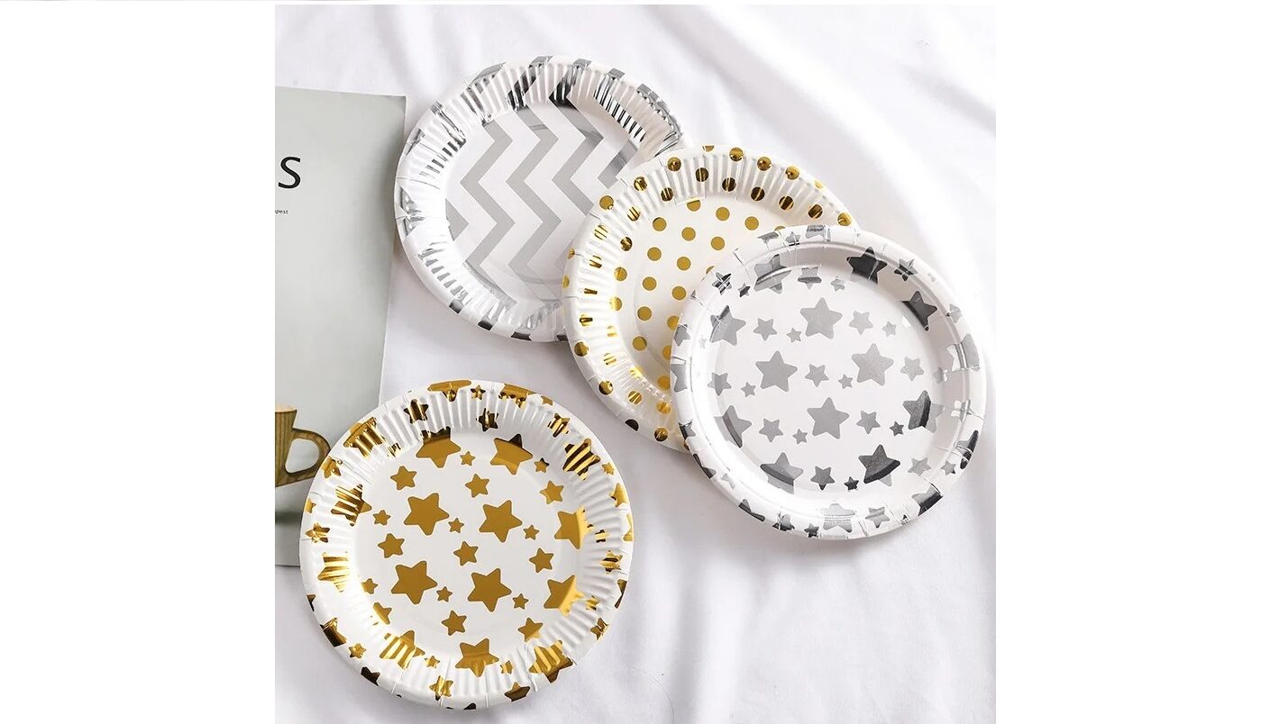 Golden Disposable Paper Plates for Cakes and Desserts